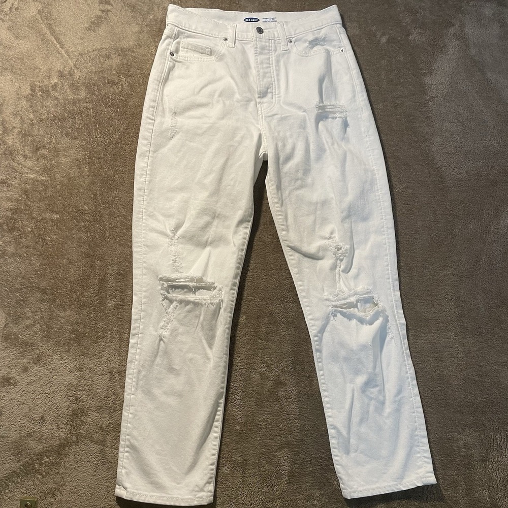 Old Navy Jeans Womens 4 Sky-High Straight Extra High Rise White Distress Pants